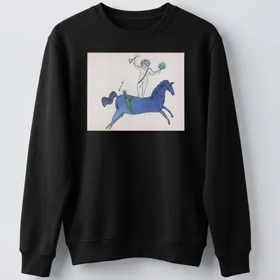 Playful illustration of a nude figure on a blue horse with garden text above. — printed on a unisex sweatshirt