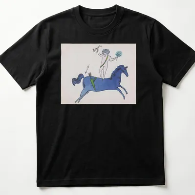 Playful illustration of a nude figure on a blue horse with garden text above.
