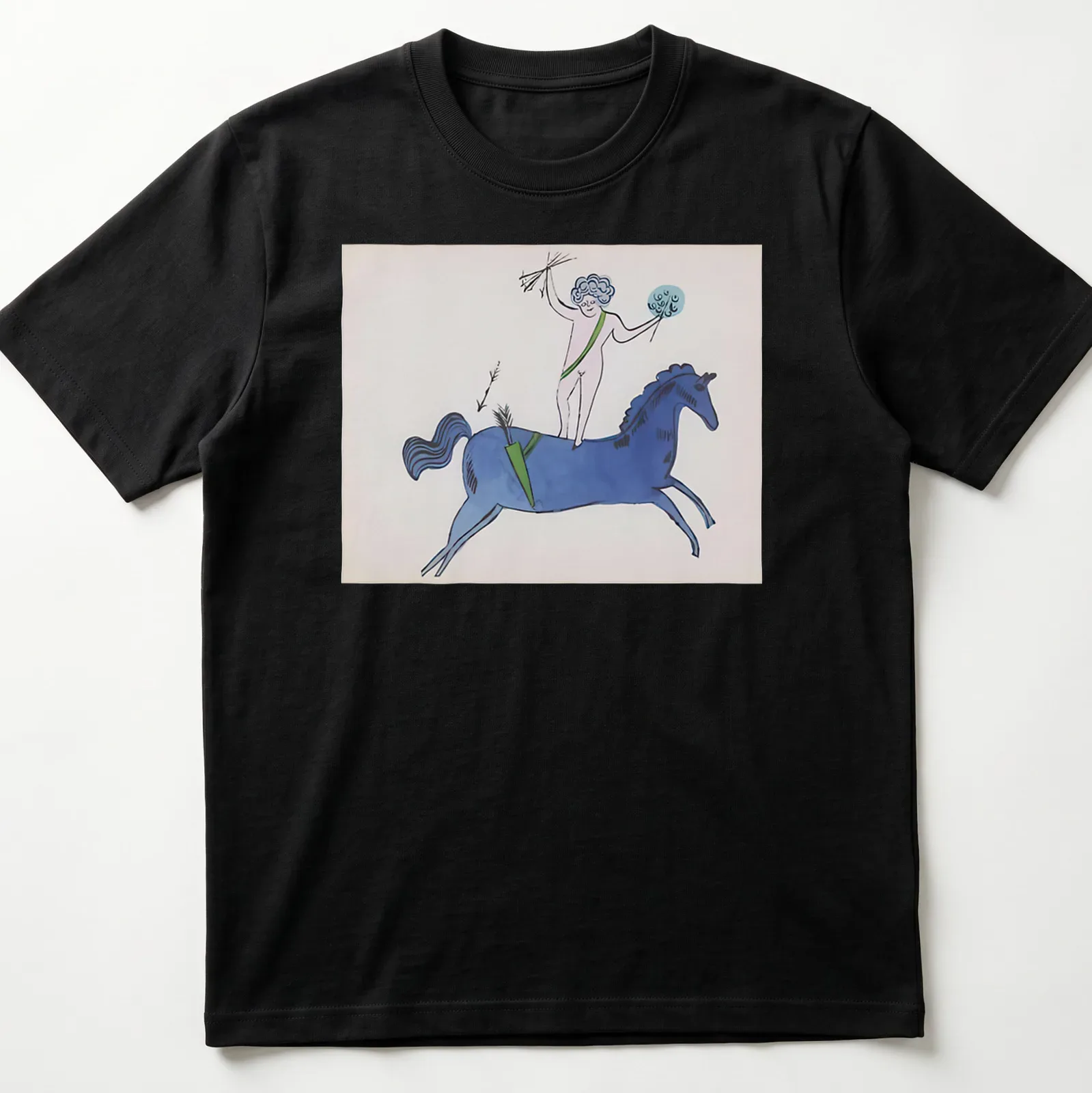 Playful illustration of a nude figure on a blue horse with garden text above. — printed on a unisex t-shirt