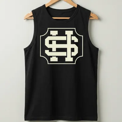 Vintage crest T-shirt featuring an interlocking SH monogram in light yellow and white. — printed on a tank top