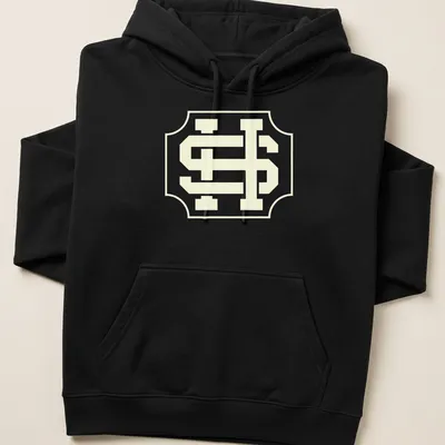 Vintage crest T-shirt featuring an interlocking SH monogram in light yellow and white. — printed on a unisex hoodie
