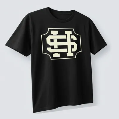 Vintage crest T-shirt featuring an interlocking SH monogram in light yellow and white. — printed on a unisex t-shirt (angled view)