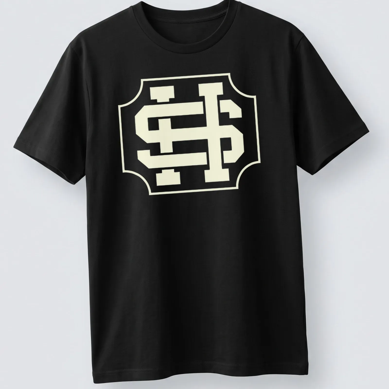 Vintage crest T-shirt featuring an interlocking SH monogram in light yellow and white. — printed on a unisex t-shirt