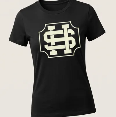 Vintage crest T-shirt featuring an interlocking SH monogram in light yellow and white. — printed on a women's shirt