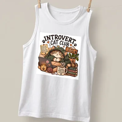 Kawaii illustration of a sleeping cat in a hoodie with cozy vibes text — printed on a tank top