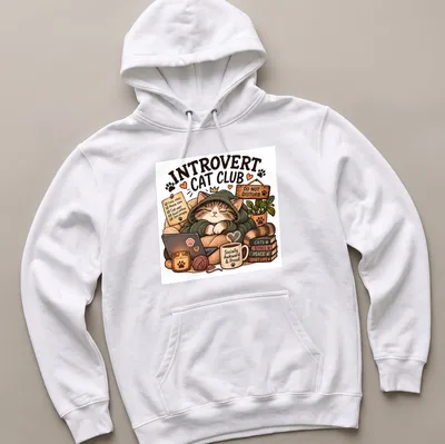 Kawaii illustration of a sleeping cat in a hoodie with cozy vibes text — printed on a unisex hoodie