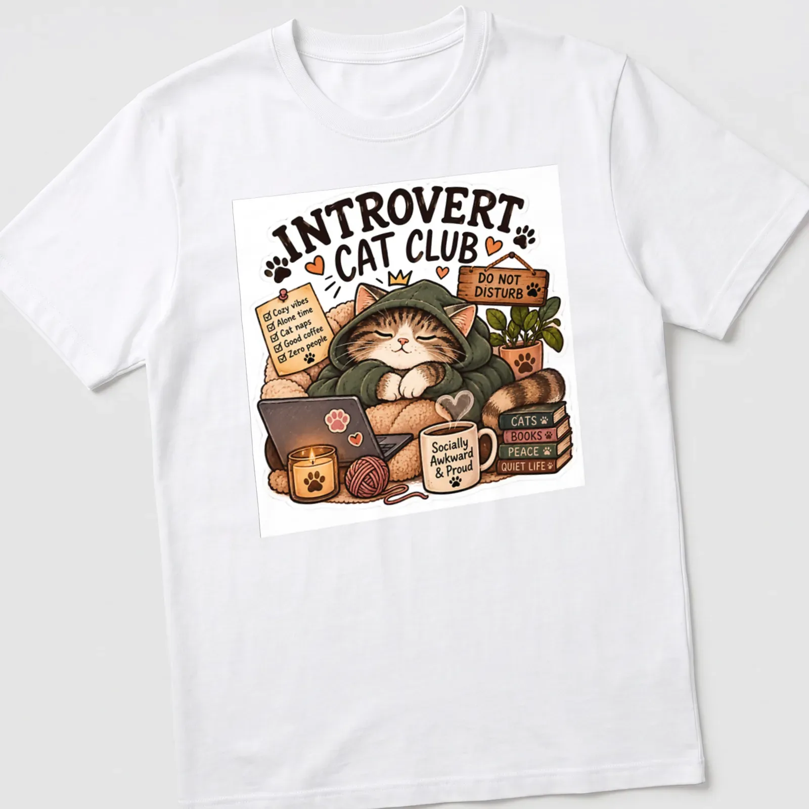 Kawaii illustration of a sleeping cat in a hoodie with cozy vibes text — printed on a unisex t-shirt
