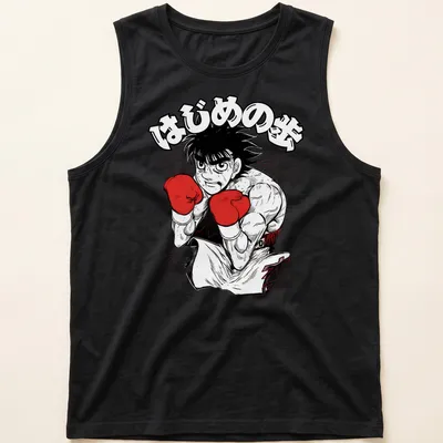 Manga style illustration of Ippo Makunouchi with bold text in red and black — printed on a tank top