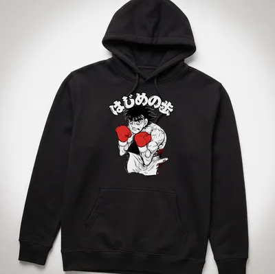 Manga style illustration of Ippo Makunouchi with bold text in red and black — printed on a unisex hoodie