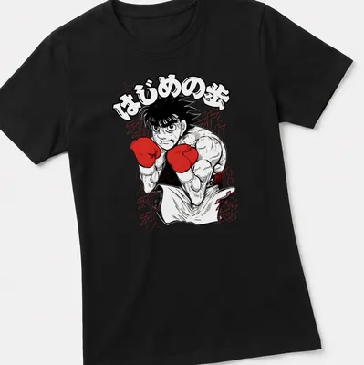 Manga style illustration of Ippo Makunouchi with bold text in red and black — printed on a women's shirt