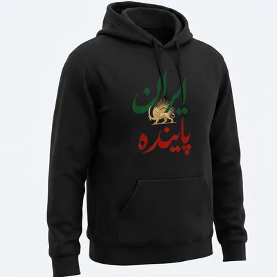 Bold illustration of a Lion and Sun with Persian text, vibrant colors celebrating culture — printed on a unisex hoodie