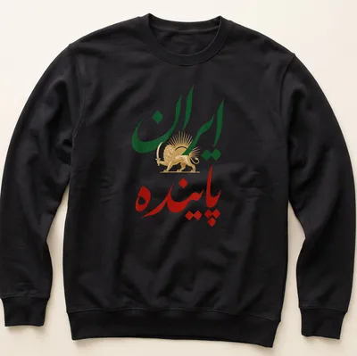 Bold illustration of a Lion and Sun with Persian text, vibrant colors celebrating culture — printed on a unisex sweatshirt