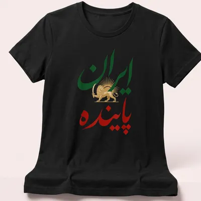 Bold illustration of a Lion and Sun with Persian text, vibrant colors celebrating culture — printed on a women's shirt