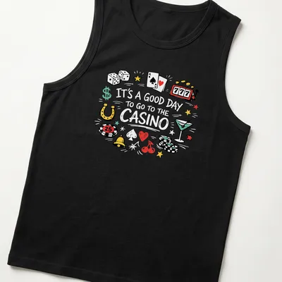 Colorful doodle of casino elements with text about going to the casino — printed on a tank top