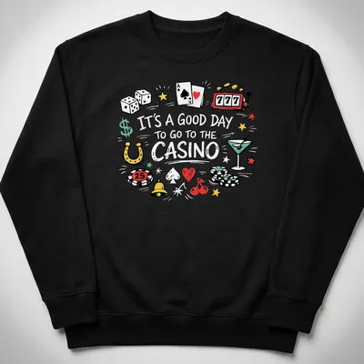 Colorful doodle of casino elements with text about going to the casino — printed on a unisex sweatshirt