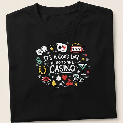 Colorful doodle of casino elements with text about going to the casino — printed on a unisex t-shirt