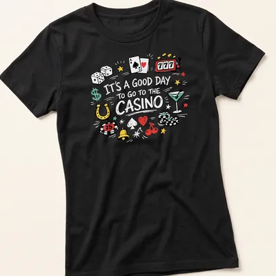 Colorful doodle of casino elements with text about going to the casino — printed on a women's shirt