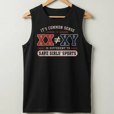 Vintage distressed shirt with bold text about saving girls' sports — printed on a tank top