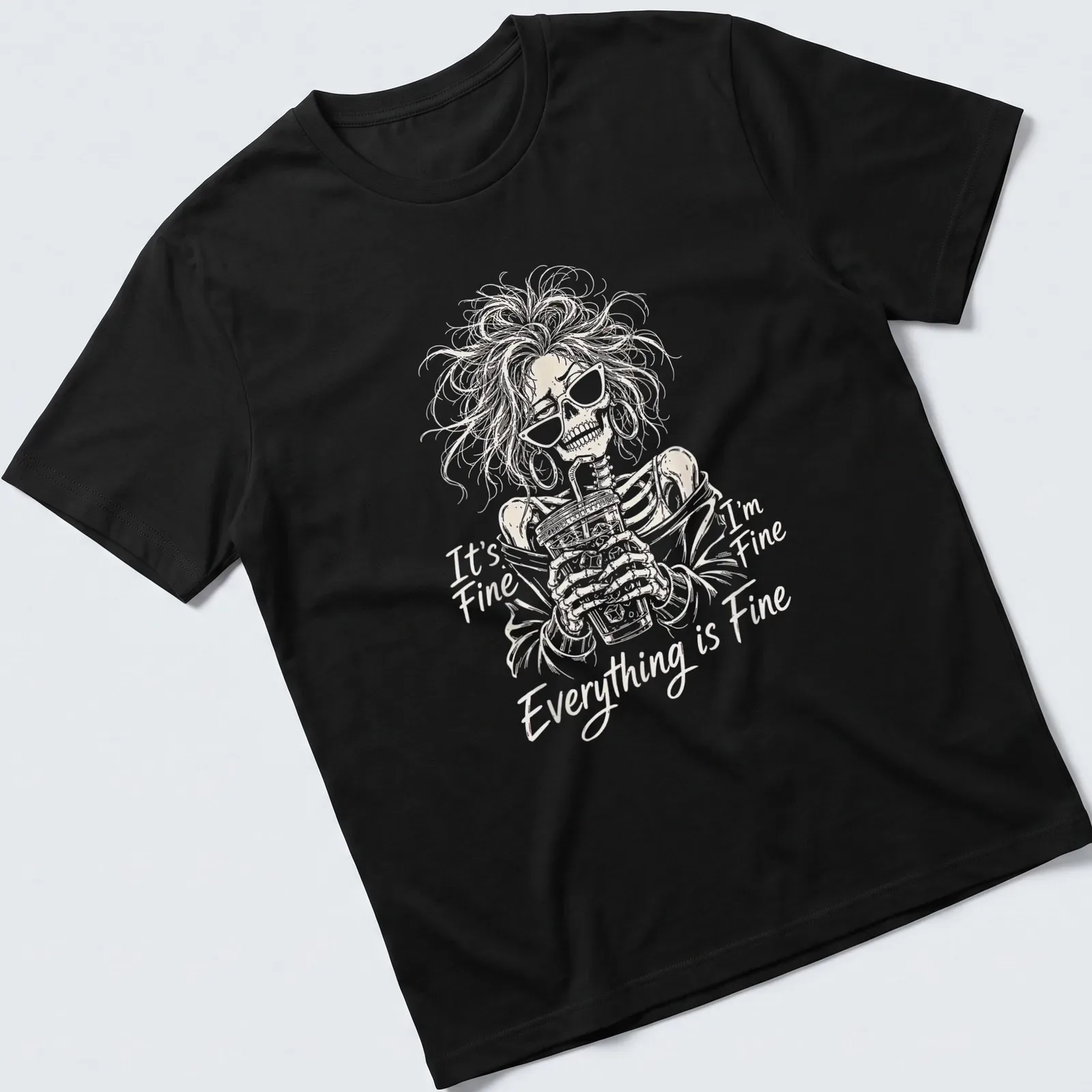 Skeleton holding iced coffee with the text 'It's Fine I'm Fine Everything Is Fine' — printed on a unisex t-shirt