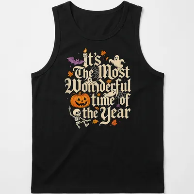 Vintage Halloween shirt with text and Halloween motifs like a pumpkin and ghosts — printed on a tank top