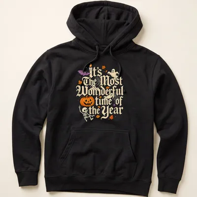Vintage Halloween shirt with text and Halloween motifs like a pumpkin and ghosts — printed on a unisex hoodie