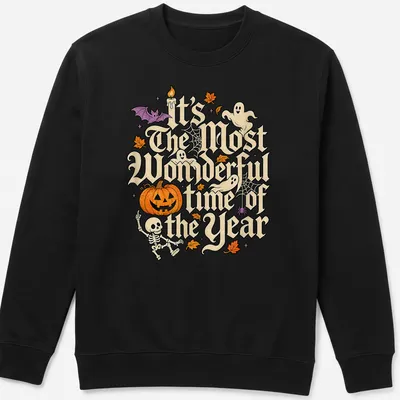 Vintage Halloween shirt with text and Halloween motifs like a pumpkin and ghosts — printed on a unisex sweatshirt