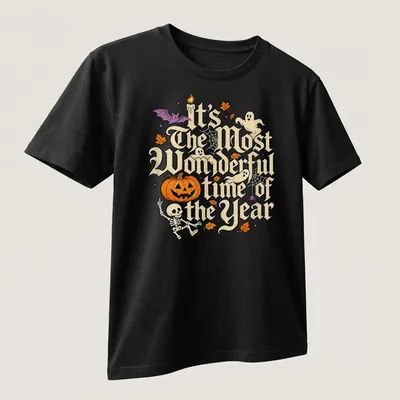 Vintage Halloween shirt with text and Halloween motifs like a pumpkin and ghosts — printed on a unisex t-shirt (angled view)