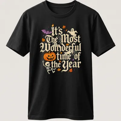 Vintage Halloween shirt with text and Halloween motifs like a pumpkin and ghosts — printed on a unisex t-shirt