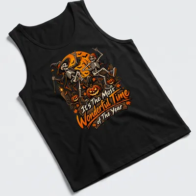Vintage colorful design featuring skeletons in Halloween costumes with festive text — printed on a tank top