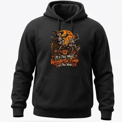 Vintage colorful design featuring skeletons in Halloween costumes with festive text — printed on a unisex hoodie