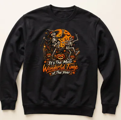 Vintage colorful design featuring skeletons in Halloween costumes with festive text — printed on a unisex sweatshirt