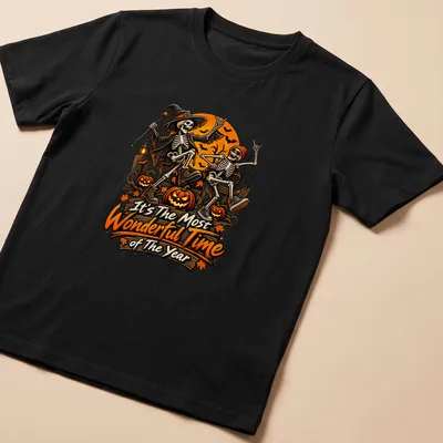 Vintage colorful design featuring skeletons in Halloween costumes with festive text