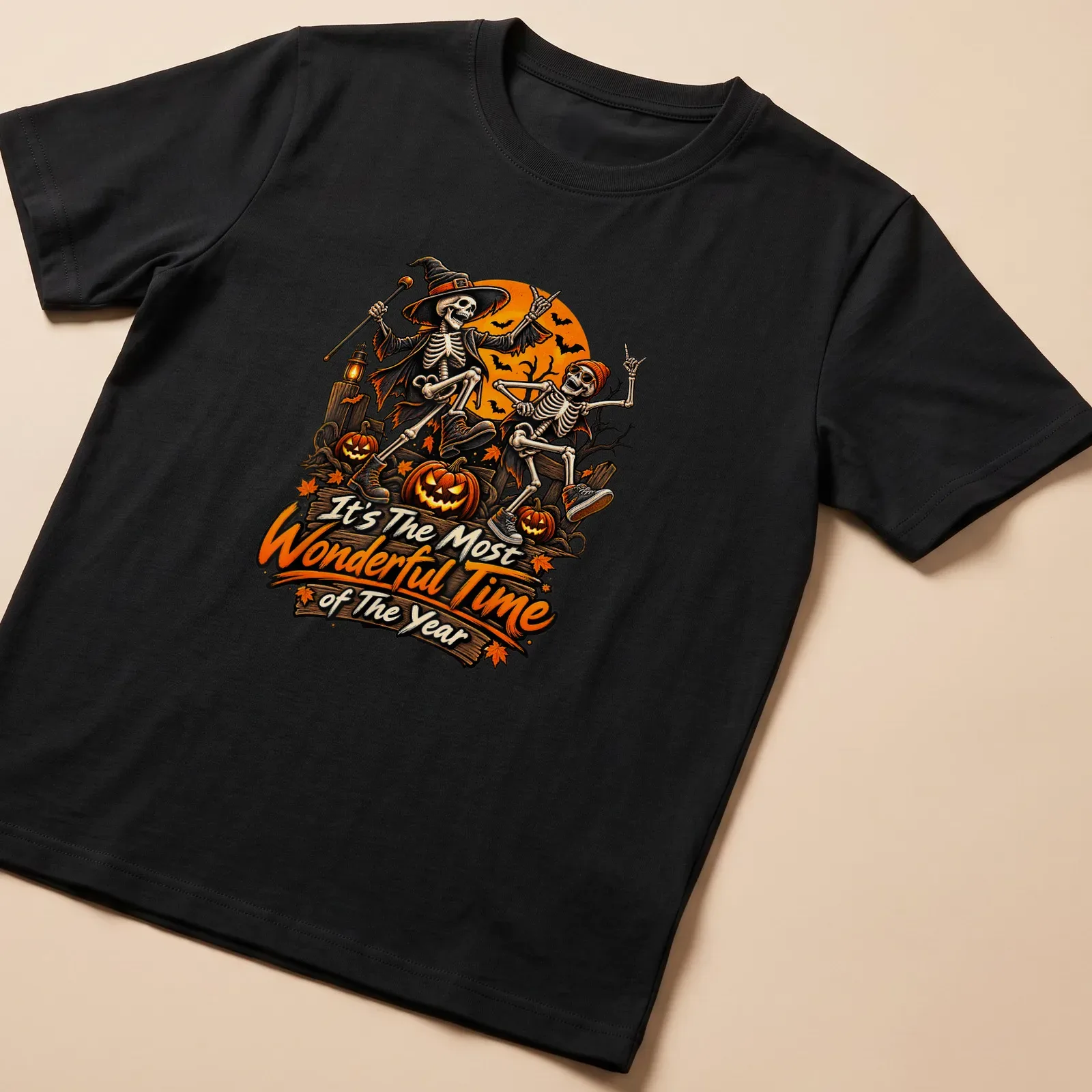 Vintage colorful design featuring skeletons in Halloween costumes with festive text — printed on a unisex t-shirt