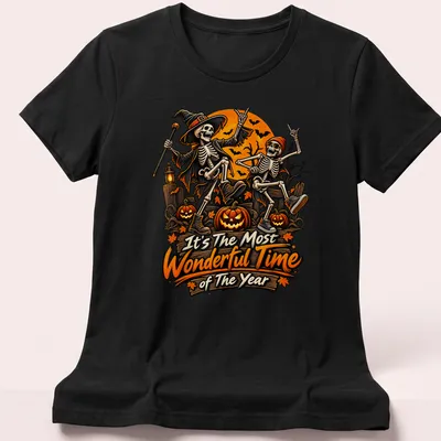 Vintage colorful design featuring skeletons in Halloween costumes with festive text — printed on a women's shirt