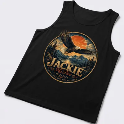 Vintage illustration of a bald eagle with the text honoring Jackie — printed on a tank top
