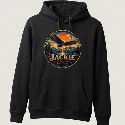 Vintage illustration of a bald eagle with the text honoring Jackie — printed on a unisex hoodie