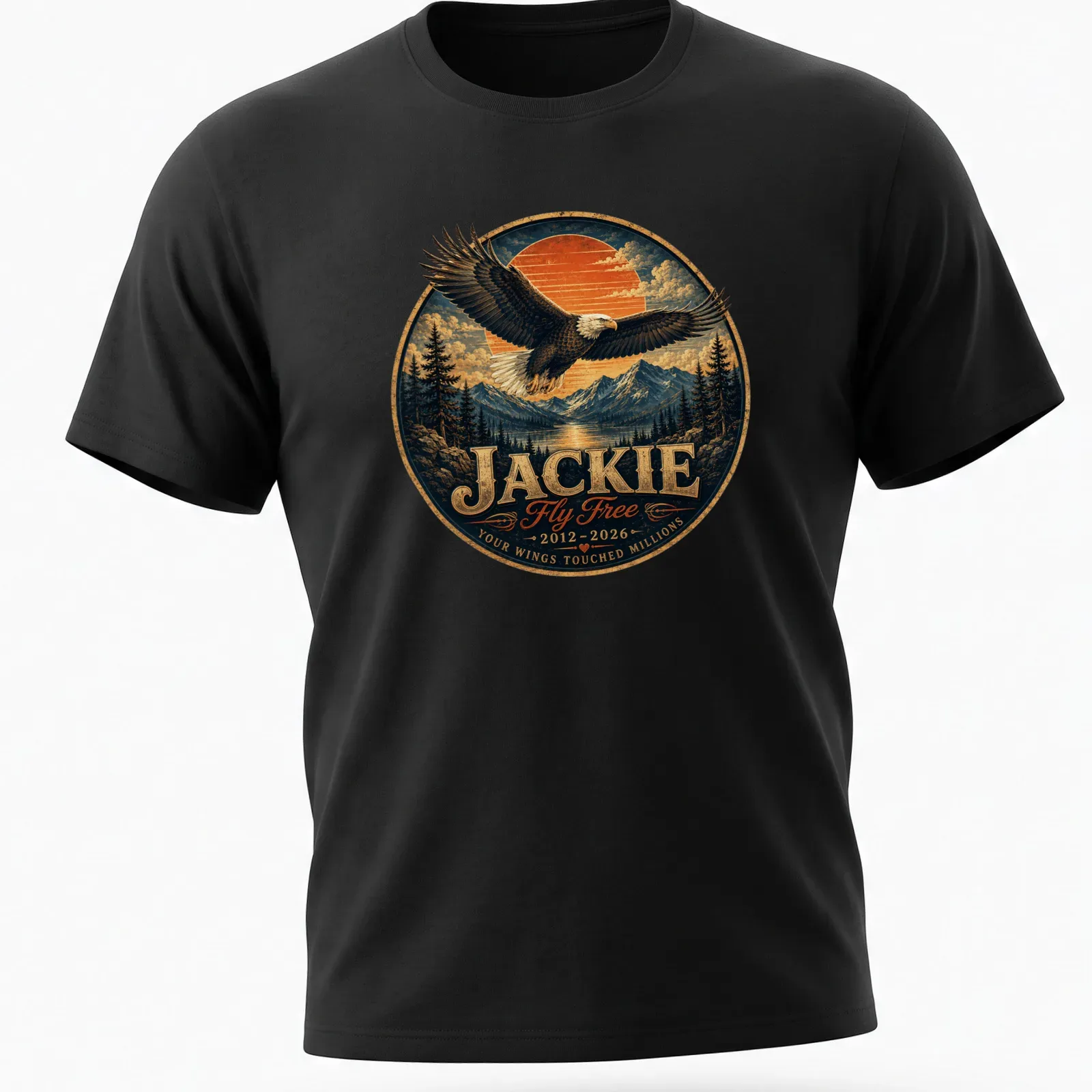 Vintage illustration of a bald eagle with the text honoring Jackie — printed on a unisex t-shirt