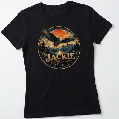 Vintage illustration of a bald eagle with the text honoring Jackie — printed on a women's shirt