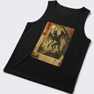 Vintage Japanese folklore art of the Jersey Devil in black and gold on — printed on a tank top
