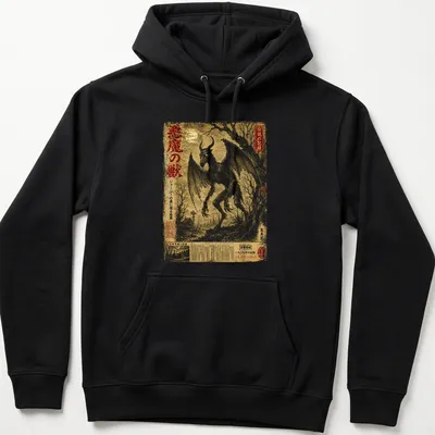 Vintage Japanese folklore art of the Jersey Devil in black and gold on — printed on a unisex hoodie