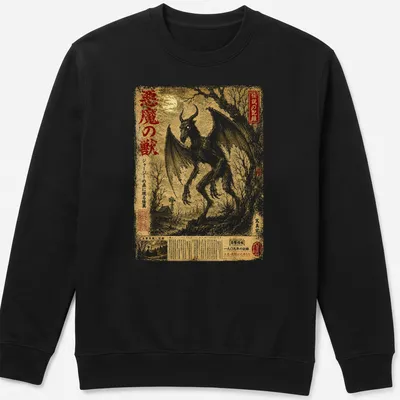 Vintage Japanese folklore art of the Jersey Devil in black and gold on — printed on a unisex sweatshirt