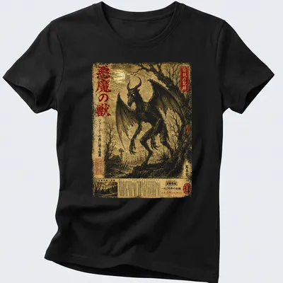 Vintage Japanese folklore art of the Jersey Devil in black and gold on — printed on a women's shirt