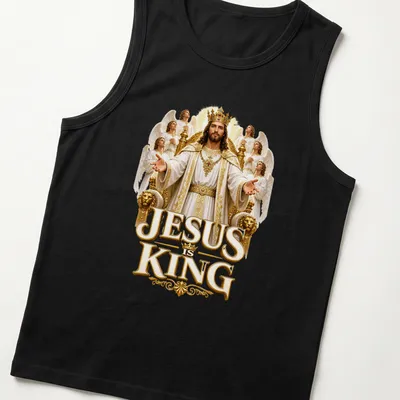 Detailed illustration of crowned Jesus with angels and text JESUS is KING — printed on a tank top