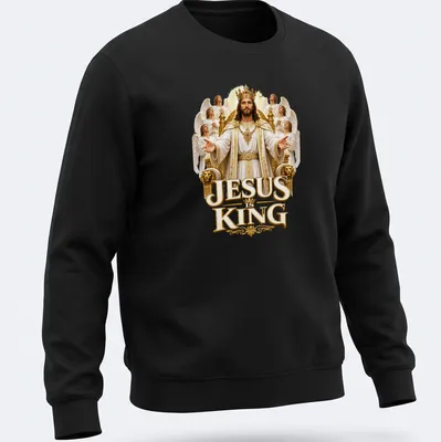 Detailed illustration of crowned Jesus with angels and text JESUS is KING — printed on a unisex sweatshirt