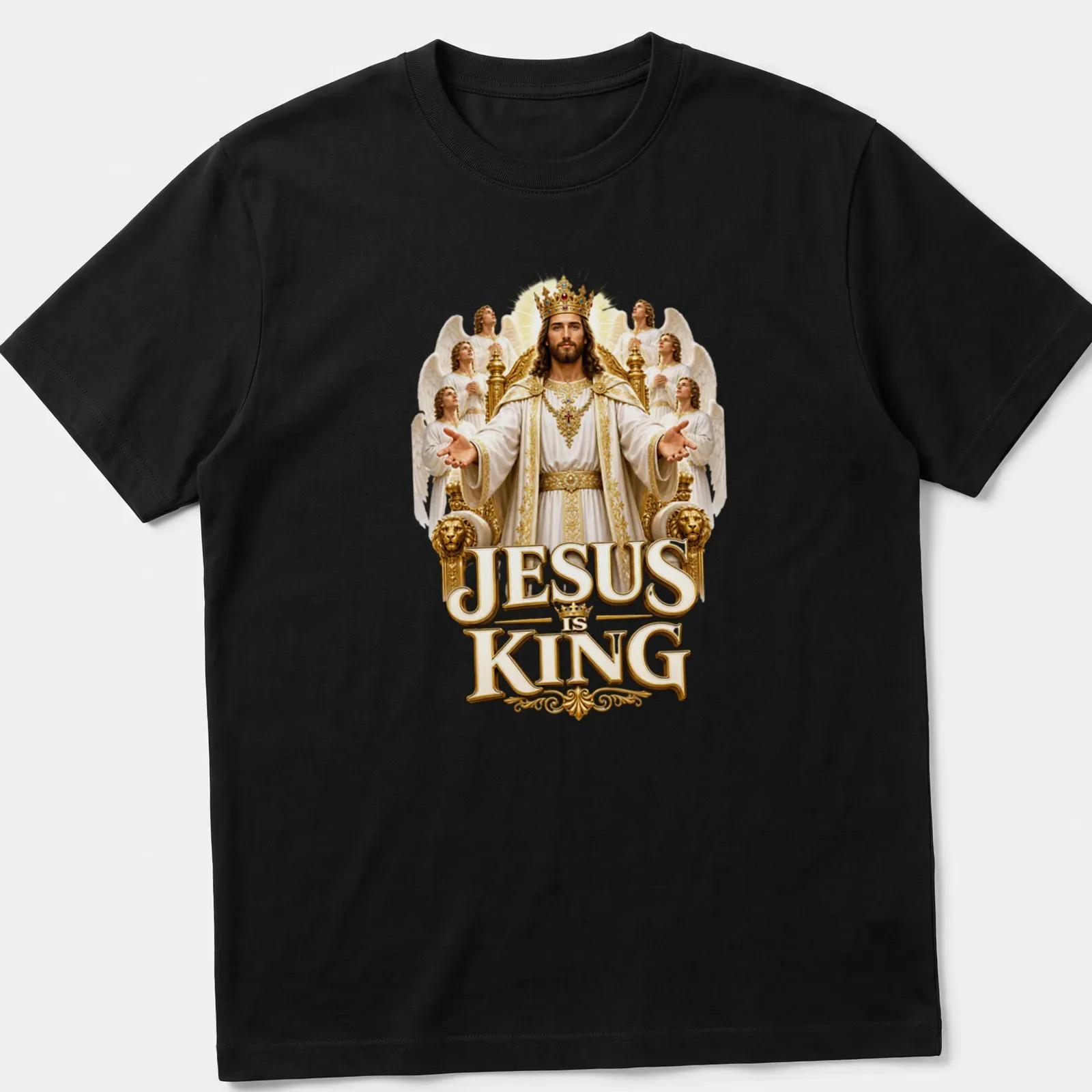 Detailed illustration of crowned Jesus with angels and text JESUS is KING — printed on a unisex t-shirt