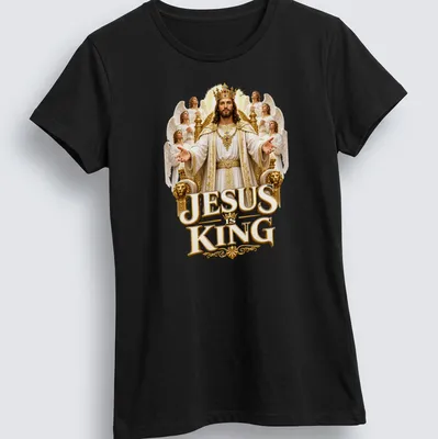 Detailed illustration of crowned Jesus with angels and text JESUS is KING — printed on a women's shirt