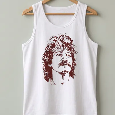 Retro vintage portrait of Jhon Prine with a mustache in brown and white — printed on a tank top