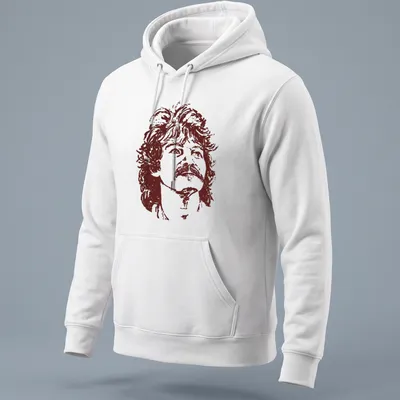 Retro vintage portrait of Jhon Prine with a mustache in brown and white — printed on a unisex hoodie
