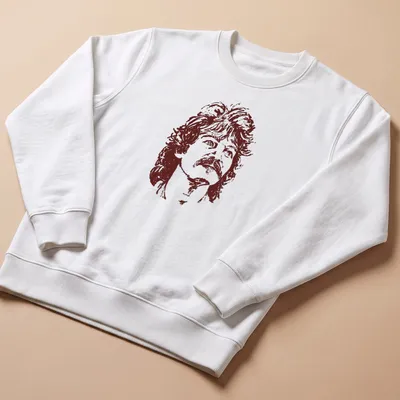 Retro vintage portrait of Jhon Prine with a mustache in brown and white — printed on a unisex sweatshirt