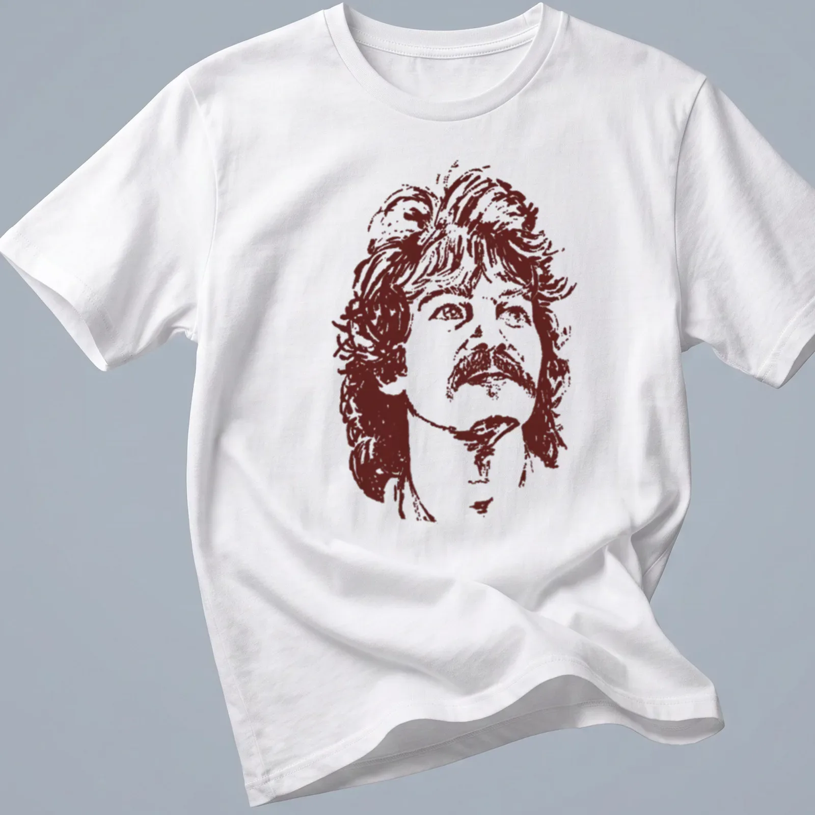 Retro vintage portrait of Jhon Prine with a mustache in brown and white — printed on a unisex t-shirt